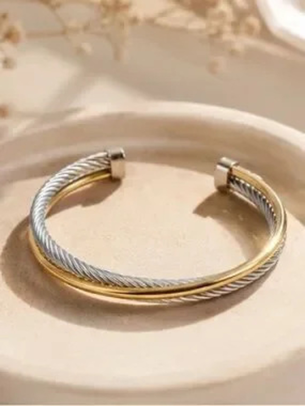 925 Sterling Silver Two-Tone Silver and Gold Twisted Cable Cuff Bracelet